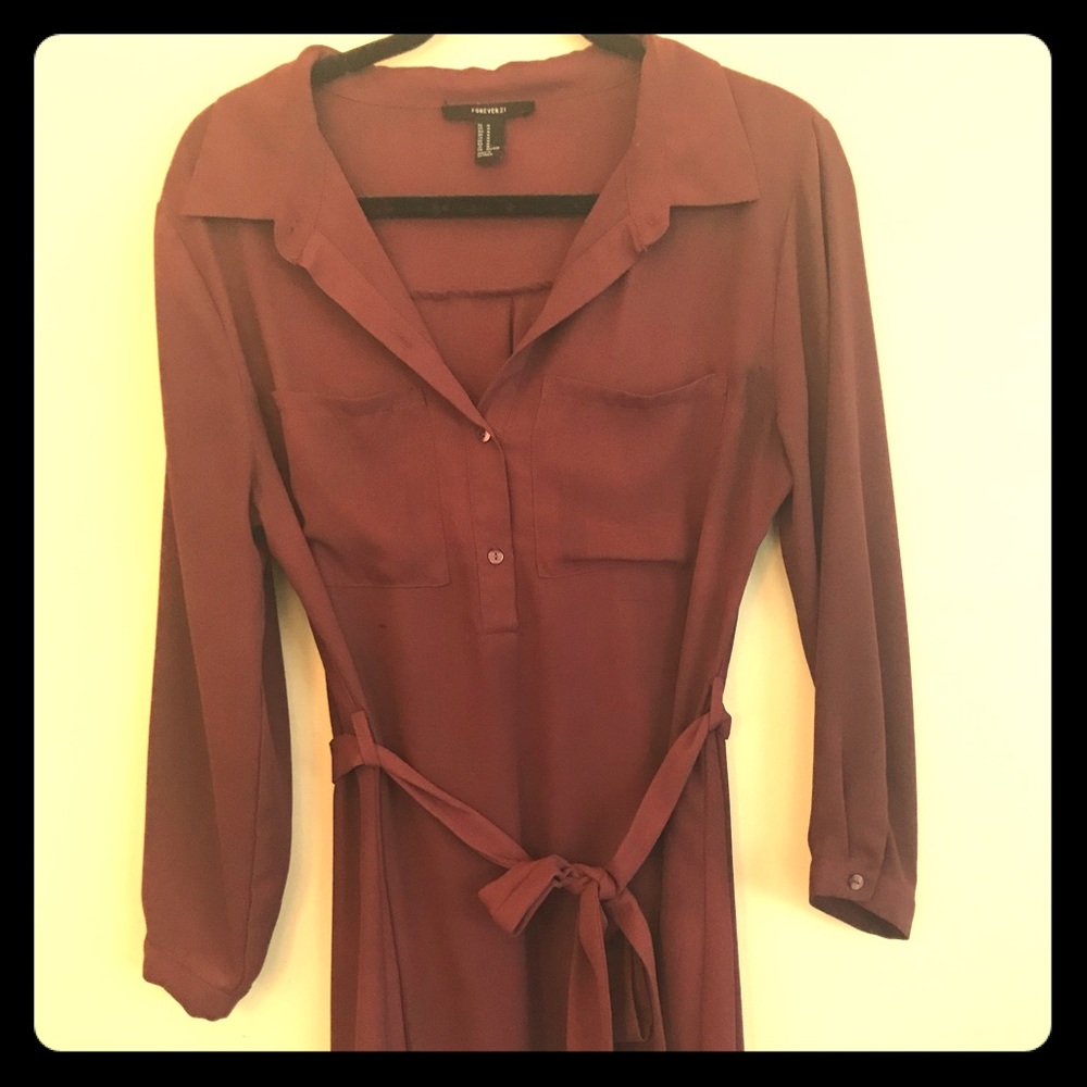 Merlot midi button down dress with tie in middle